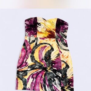 Elegant Strapless Floral Dress - Purple and Yellow
